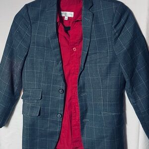 Gray Plaid Blazer with Red Shirt